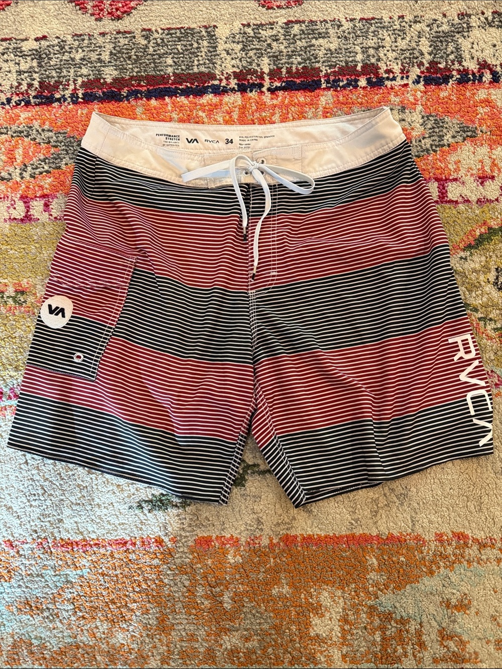 RVCA Men’s Black and Red Striped Board Shorts